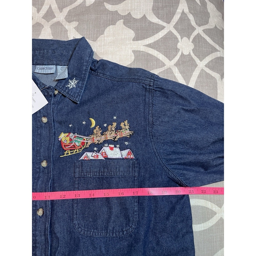 New Cabin Creek MEDIUM Christmas Holiday Cotton Denim Button Up Shirt Vintage - Picture 5 of 8